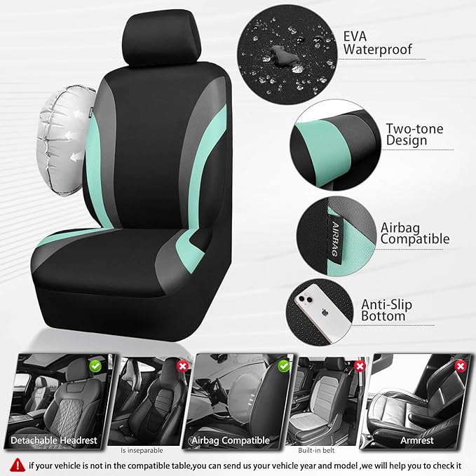 CAR PASS EVA Waterproof Car Seat Covers Full Set, Mint Seat Covers for Cars,Airbag Compatible,Universal Fit Sedans,Vans,SUVs,Trucks (Black and Mint)