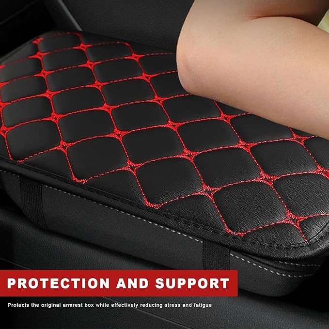 Car Center Console Cushion Pad, Anti-Scratch PU Leather Auto Armrest Seat Box Protector, Waterproof Arm Rest Protection Cover Interior Decoration for SUV Sedan Truck (Red)