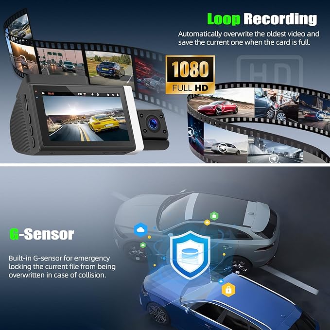 3 Channel Dash Cam Front and Rear Inside, 2.9'' 1080P Dash Camera for Cars,Three Way Triple Car Camera with App Control Super Night Vision,Wide Angle,Loop Recording,G-Sensor,24 Parking Monitor