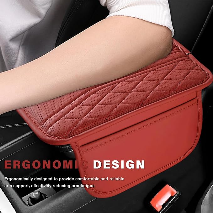 Car Center Console Cover, Leather Auto Armrest Cushion Pad with Two Storage Pockets, Waterproof Arm Rest Box Mat Protective Cover for Sedan SUV Truck, Car Accessories (Red)