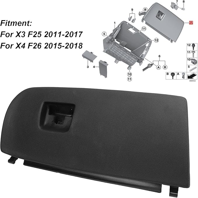Dash Glove Box Door Lid Cover Black Smooth Opening Compatible for BMW X3 X4 (51166839000)