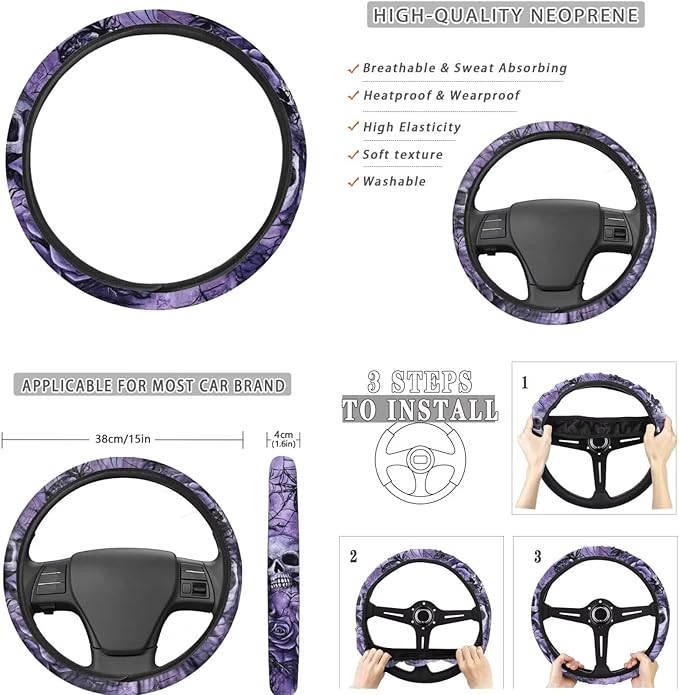 FKELY Purple Skull Car Seat Covers - Full Set for Women - Floral Foiled with Headrest & Gear Shift Cover, Steering Wheel Cover, Handbrake & Cup Coasters