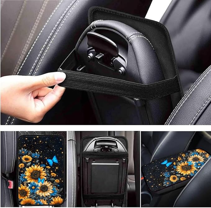 Blue Sunflower Print 6pcs Steering Wheel Cover Car Accessories for Women Men Butterfly Cup Coaster Handbrake Cover Fit Auto,Suvs,Truck