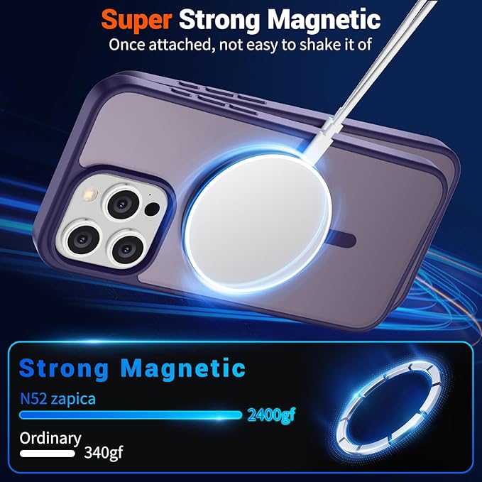 SUPFINE Magnetic for iPhone 15 Pro Case (Compatible with MagSafe) (Military Grade Drop Protection) Translucent Matte Shockproof Phone Case, Dark Purple