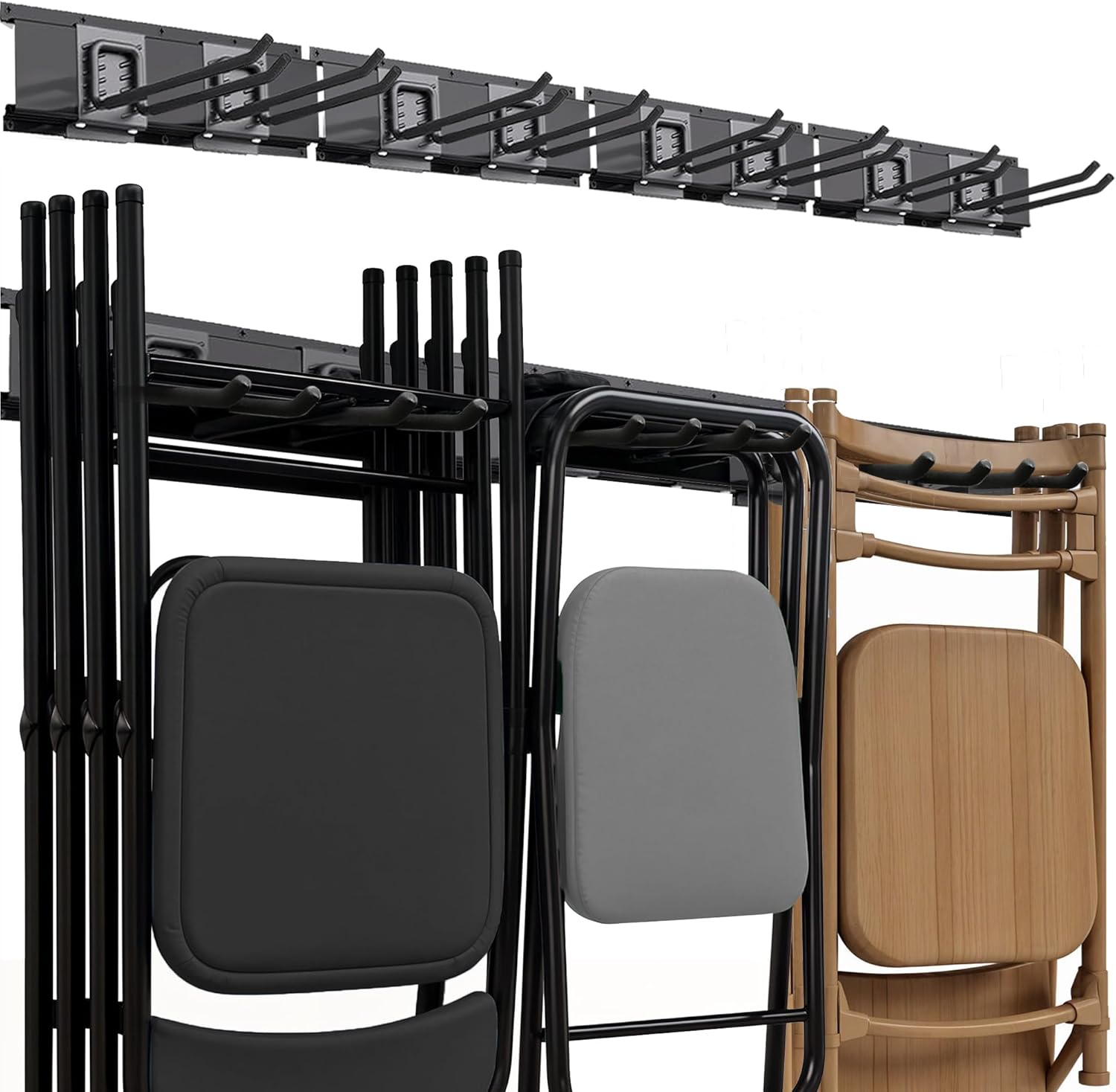Garage Tool Organizer Wall Mount | 64-Inch Garage Wall Organizer & Folding Chair Rack | Heavy-Duty Tool Hanger System | 12-Piece Kit with 4 Steel Rails & 8 Adjustable Hooks | 400 lbs Capacity