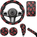 Rose Flower Print Car Steering Wheel Cover for Women 6pcs Car Interior Decor Set Handbrake Cover Cup Coaster Universal Fit Auto,Suvs,Truck