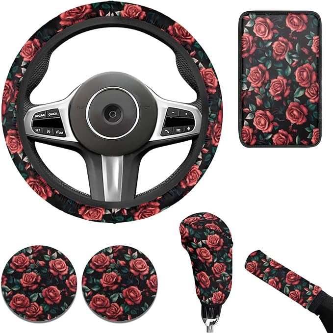 Rose Flower Print Car Steering Wheel Cover for Women 6pcs Car Interior Decor Set Handbrake Cover Cup Coaster Universal Fit Auto,Suvs,Truck