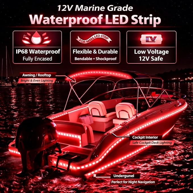 12V Marine Boat LED Light Strip Super Bright, 2 Pack 4FT IP68 Fully Waterproof RV Front Cap Lights, Golf Cart Underglow Roof Lights Strip for Truck ATV UTV SUV Car Pickup Trailer, Cuttable, Red