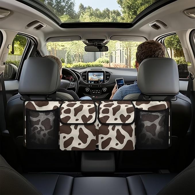 Brown Cow Print Car Trunk Organizer, Hanging Car Back Seat Storage Bag with 4 Pockets Waterproof Universal Automotive Accessories for Most SUVs Sedans Trucks Jeeps