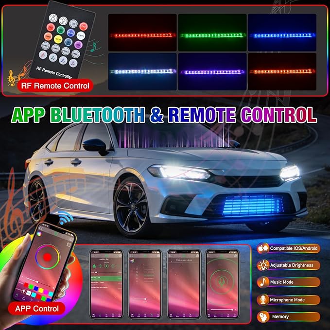 Nilight 4Pcs 24inch LED Grille Lights 144 LEDs RGB Multi Color Exterior Lighting Kit DIY Sound Active Function Music Mode with APP Control and Remote for Cars Van SUV Truck