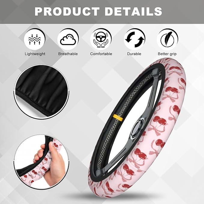 Pink Cherry Steering Wheel Cover, Cute Kawaii Anti-Slip Breathable Car Accessories Interior Elastic Steering Wheel Cover for Women Girly Gifts Fit Auto, SUV Vans Truck Universal 14.5-15 Inch