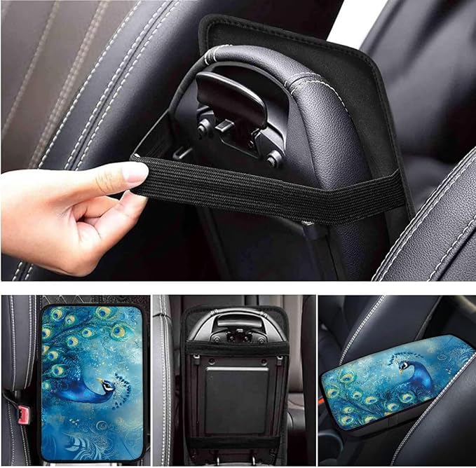 Blue Peacock Print Car Steering Wheel Cover Set for Men Women Beautiful Car Interior Decor Cup Coaster Handbrake Cover Universal Fit Auto,Suvs,Truck