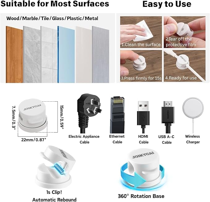 6 Rotatable Cord Holder Desktop Cord Organizer Magnetic Spring Cable Clips 2 Charging Cord Protecors for Nightstand Phone Charger Organizer Computer Desk Cable Management Appliance Adhesive Wire Strap