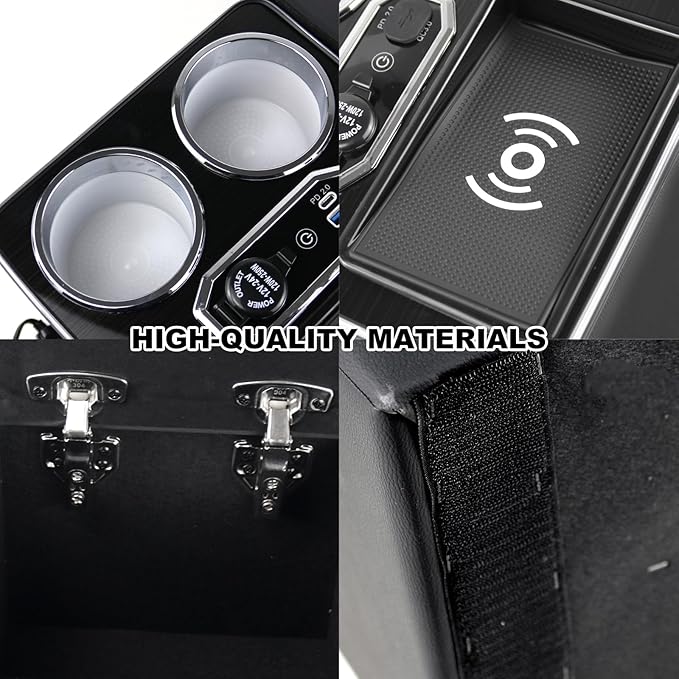 RULLINE Center Console Armrest Organizer with Wireless Charging & Cup Holders, LED Bench Seat Center Console for Car Minivan Truck SUV, Van - Universal Fit Storage Box, Center Console Armrest