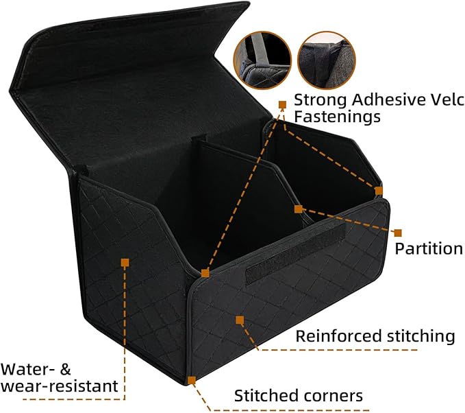 2Pack Leather Trunk Organizer for SUV & Sedans - Extra Large Foldable Car Storage Box with Lid, Adjustable Removable Dividers and Carry Handle, Collapsible Auto Cargo Organizer Black