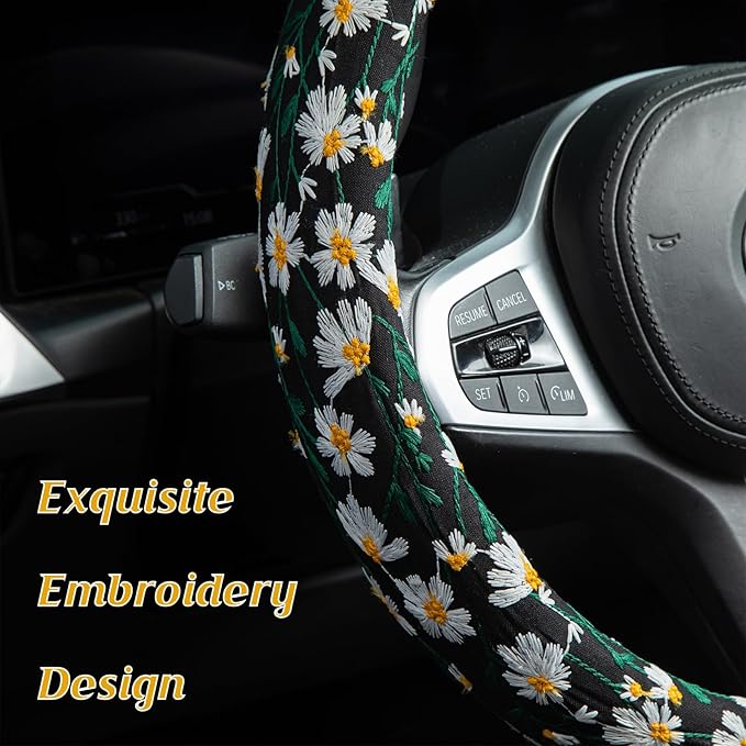 Embroidered Flowers Black Cute Daisy Steering Wheel Cover Auto Anti-Slip Breathable Rubber Steering Wheel Protector,Floral Car Accessories for Women,Universal Size Fit Most Cars -15 inch