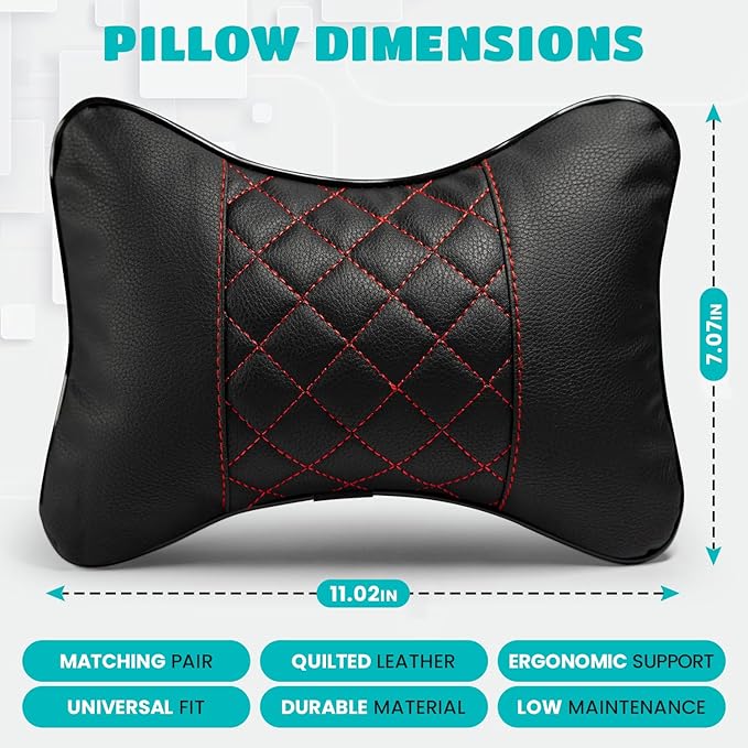 Set of 2 Quilted Faux Leather Car Headrest Pillow, Black Case/Red Threading, Ergonomic Neck Support for Comfortable Driving (Black Base/Red Thread)
