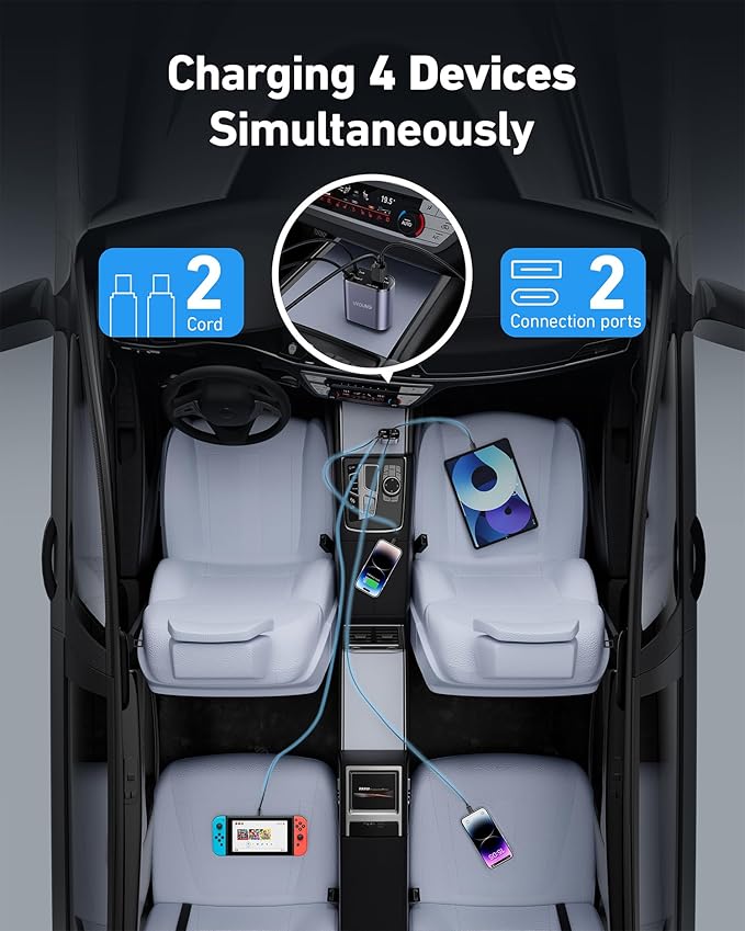 Car Phone Charger Retractable Car Charger 4 in 1 Fast Charger 30W Double USB Type C Retractable Cables 31.5 Inch and 2 USB Ports Car Charger Adapter for iPhone 17/16/15/14/13/12,Samsung,Pixel,iPad