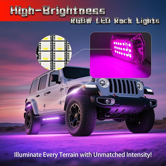 8 Pods Full Angle RGBW LED Rock Lights for Truck ATV UTV RZR SXS Jeeps Van RV Offroad,Waterproof Multicolor Neon Underglow Kit with APP/RF Remote&Brake Red Function, 12V Pure White Underbody Lights