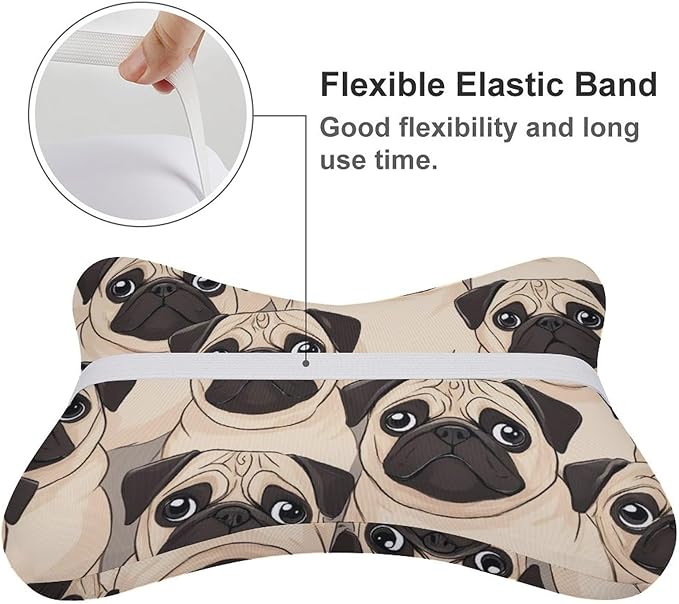 Car Headrest Pillow Compatible with Puppy Pug Dogs Print, Cartoon Neck Pillow for Car, 2 Pcs Comfortable Soft Car Seat Pillow for Driving,Head Rest Cushion, Cute Neck Pillow for Travel