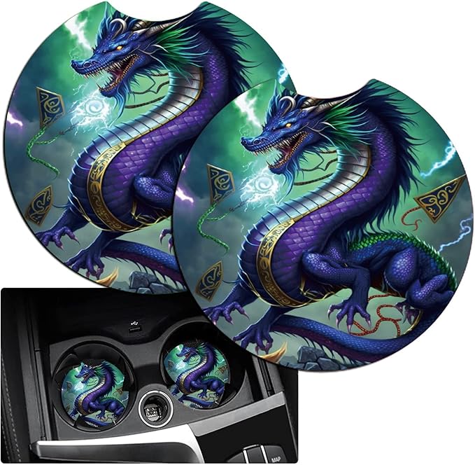Car Armrest Cover Pads Universal Fashion Cute Auto Center Console Armrest Cover Pad with 2PCS Car Coasters Soft Waterproof Car Armrest Seat Protector for Women Girls, Blue Dragon