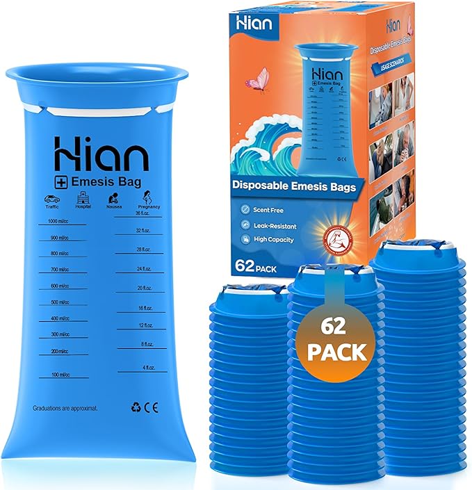 Hion Vomit Bags Disposable – 62 Pack 1000ml Emesis Bags – Leak Resistant, Medical Grade, Portable – Perfect for Motion, Car & Aircraft Sickness, Pregnant Women