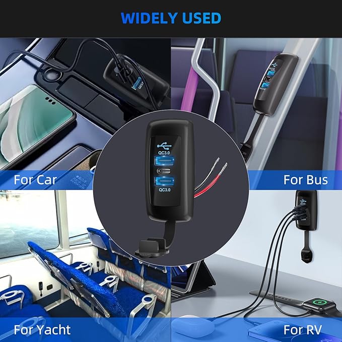 4PCS 3 Ports 12V RV USB Outlet 72W, Type-C PD3.0 Quick Charge & Dual QC3.0 Panel Wall Surface Mount, Automotive Car Multi-Port USB Socket Charger Adapter for RV Marine Boat Bus Camper ATV Truck