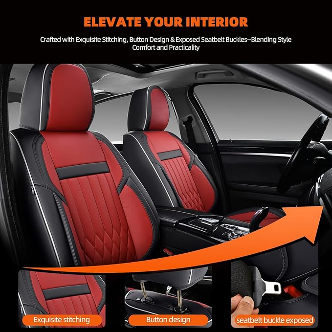 KEYOOG 5-Seater Waterproof and Breathable Nappa Leather Car Seat Covers Full Set, Fit for Front and Rear Seats of Cars, Compatible with Airbags, Car Seat Protector Covers for Most Cars - Black Red