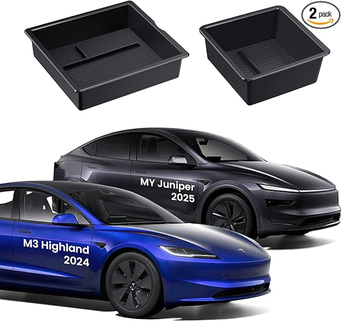 BANKKY Center Console Organizer for Tesla Model 3 Highland 2024-2026 & Model Y Juniper 2025-2026, 2PCS Armrest Storage Tray with Anti-Slip Liner, ABS Black Tesla Accessories