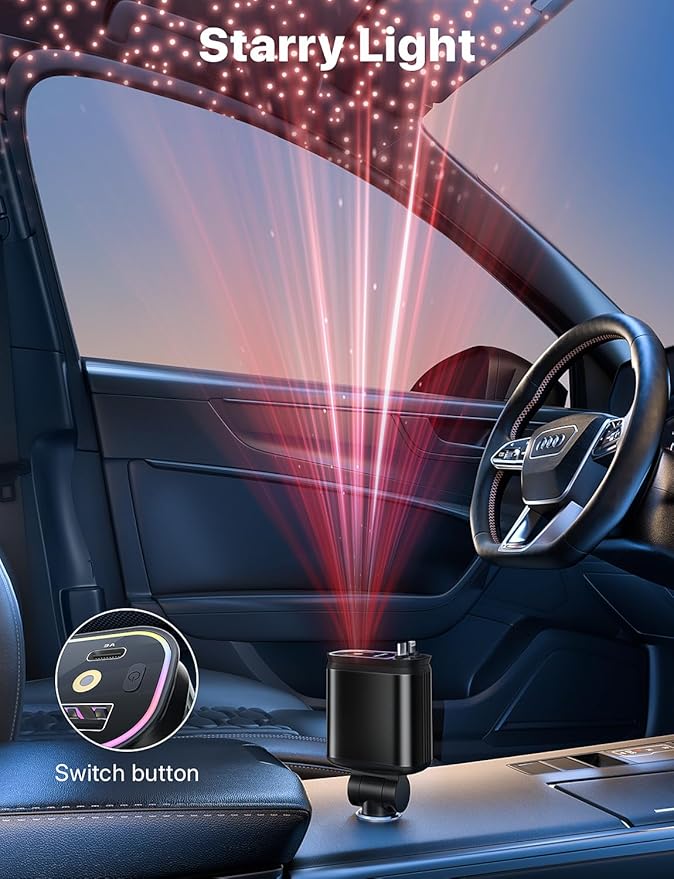 Starlight Retractable Car Charger with Retractable Cables, Starlight in Car Roof 4 in 1 Super Fast USB C Car Phone Charger, 2 USB Ports Starry Sky Adapter, Compatible with iPhone 17 16 15 14