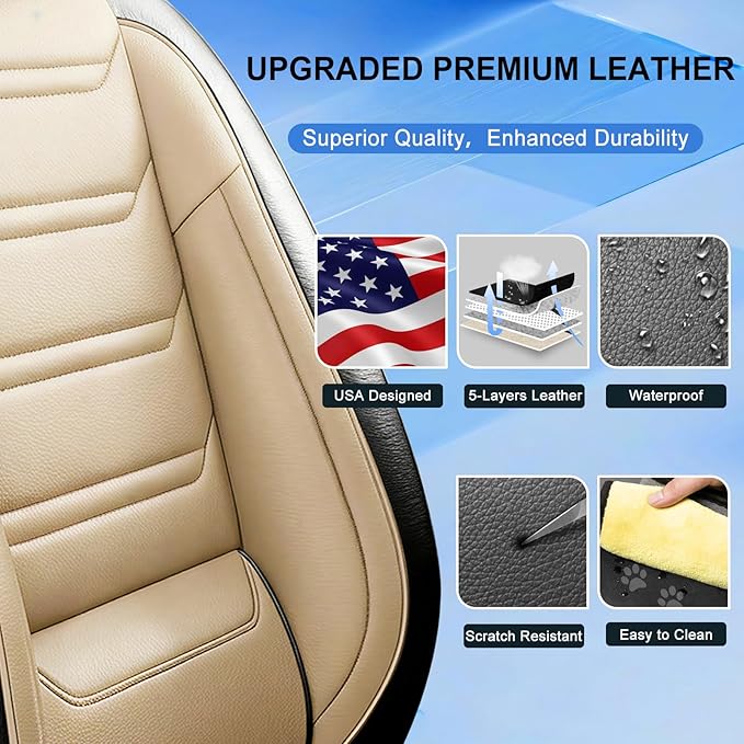 Fit CRV Car Seat Covers for Select Honda CR-V 2011-2026 - Premium Full Coverage Leather, Airbag Compatible, Waterproof & All Weather Seat Protector, Airbag Compatible, Front Pair Black+Beige