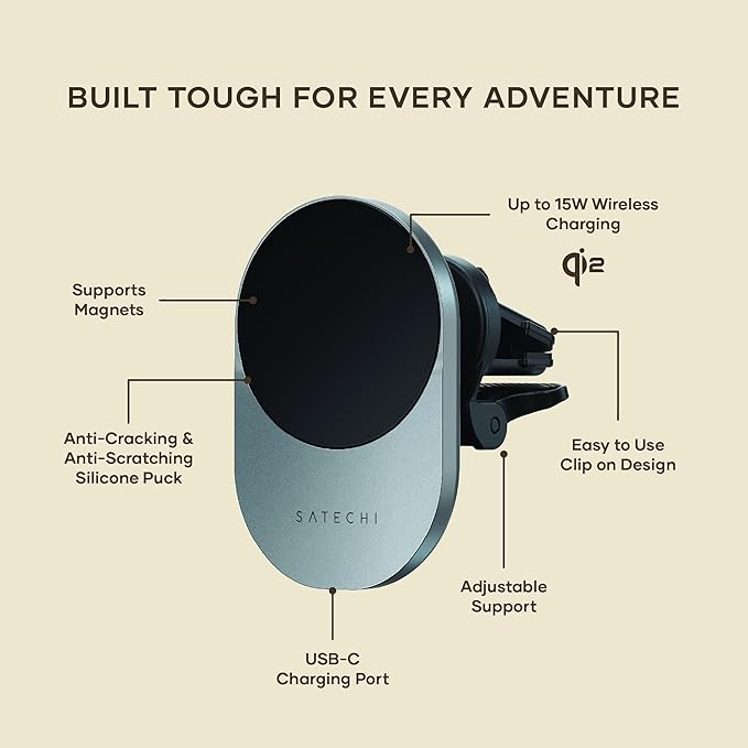 Satechi Qi2 Wireless Car Charger, Travel Friendly Car Phone Mount Charger for Air Vents, 15W Fast Chargers, for iPhone 17 to 12 Series