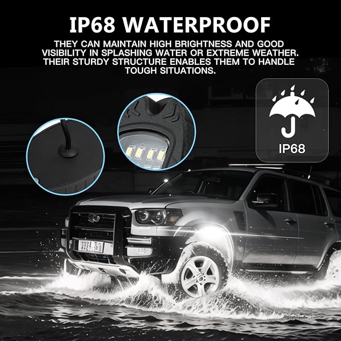 10 Pods Pure White LED Rock Lights, IP68 Waterproof Aluminum 6500K Bright White Underglow Light with Extension Cord Harness,12V Metal Fender Lights for Trucks Jeeps Off Road UTV ATV Car Golf RV Etc