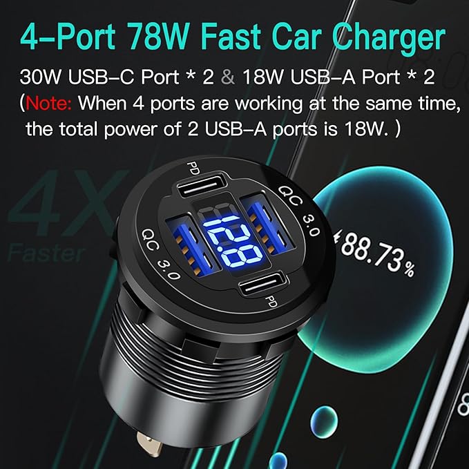 4 Port 12V USB Outlet Aluminum Charger with Voltmeter, 78W Fast Charge Dual PD3.0 & QC3.0 Multiple USB Port for Car, Marine USB C Socket Cigarette Lighter Replacement Waterproof 12 Volt Outlet, 2 Pack