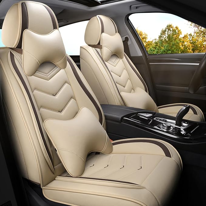 Car Seat Covers for KIA Sedona 2003-2021, Premium Nappa Leather Car Seat Cover, Stylish Sport Seat Covers， Automobile Seat Cover Sets.(Luxury 2 Seats/Beige)