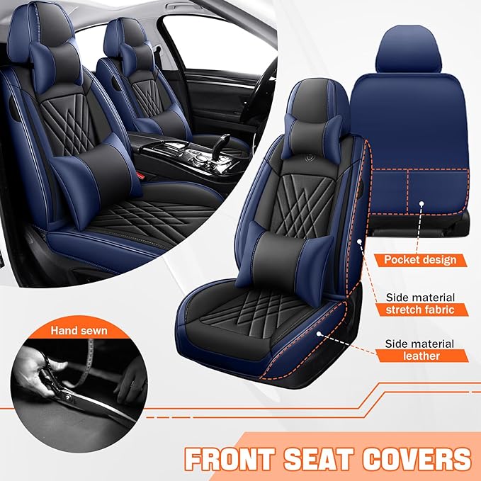 Car Seat Covers Compatible with Toyota Camry 2012-2026 Durable Waterproof Automotive Seat Covers Stretchable, Airbag Compatibility, Premium Nappa Leather(Black Blue, 2 Pcs Front with Pillow)