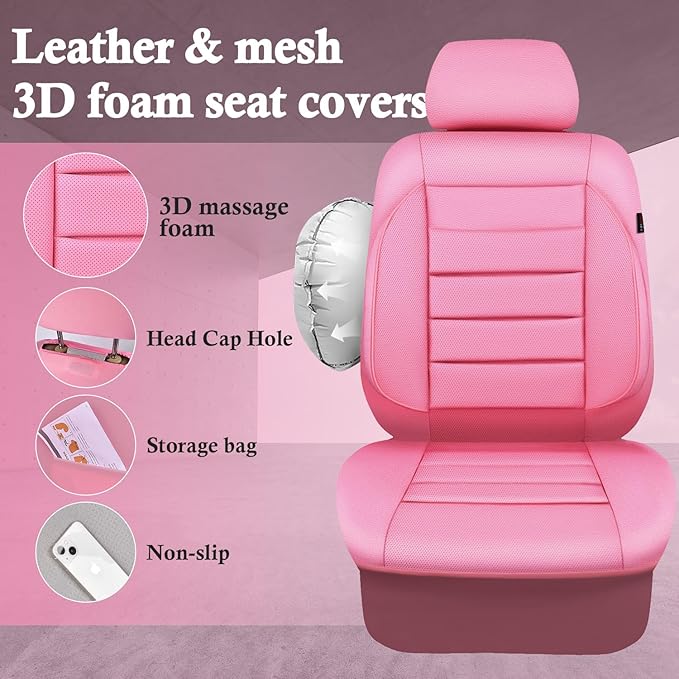 CAR PASS Pink Leather Seat Covers Full Set Universal Water Resistant 3D Foam Back Support, Luxury Comfort Automotive 5 Seat Covers for Women All Season Fit SUV,Sedan,Van, Airbag Compatible Pink