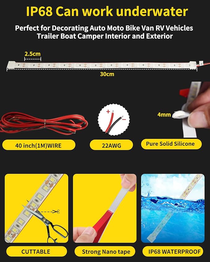YM E-Bright Led Strip Lights for Cars Boat Motorcycle Golf Cart Interior Exterior Underwater Marine Lighting Waterproof IP68 12inch 36smd 12v,Pink(Pack of 4)