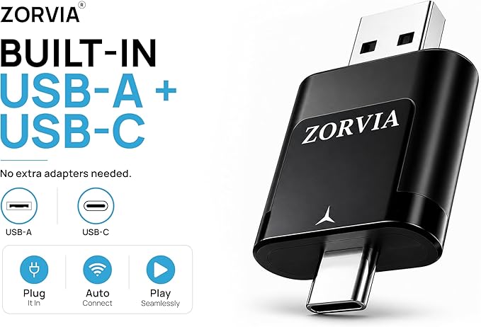 ZORVIA Wireless CarPlay Adapter for iPhone & Android Auto 2026 Upgraded - Convert Wired CarPlay to Wireless, Fast Auto Reconnect, Plug and Play, USB-C & USB-A (Black)