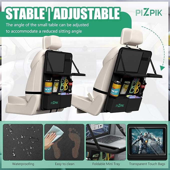 Plzpik Car Backseat Organizer with Tablet Holder,11 Storage Pockets with Foldable Food Tray, Protector Kick Mats for Kids, Travel Accessories Organizer (Black, 2Pack with Food Tray)