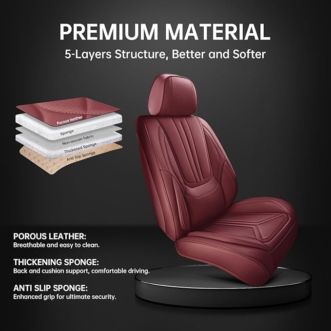 Car Seat Covers, Premium Leather Car Seat Covers, Waterproof and Breathable Seat Covers, Universal Car Seat Protector Fit for Cars, Trucks, SUVs, Pick-ups (Wine Red, 2 PCS Front Seat)