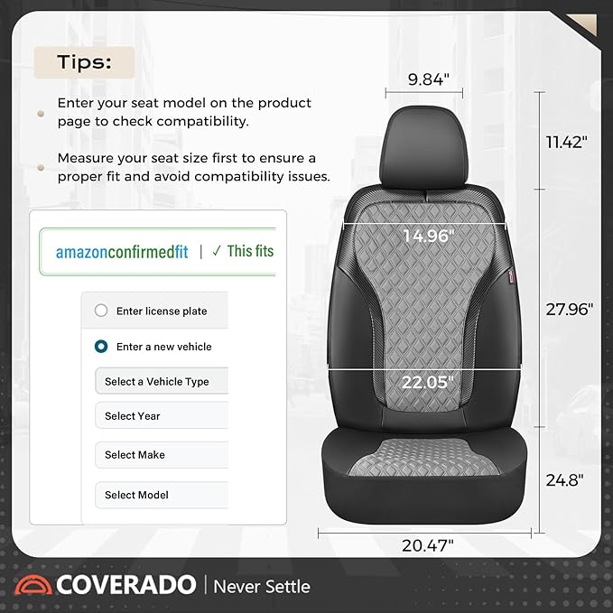 Coverado Car Seat Covers 5 Seats, Leather Seat Covers Full Set, Carbon Fiber Textured Design, Durable Waterproof Seat Protectors, Black&Gray Seat Cover, Automotive Seat Covers Universal Fit Most Cars