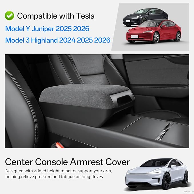 Center Console Armrest Cover for Tesla Model Y/3 Juniper/Highland 2026 2025 and Model Y L, Non-Slip Suede Arm Rest Storage Box Pad with Height Increase, Middle Console Covers Protector Mat
