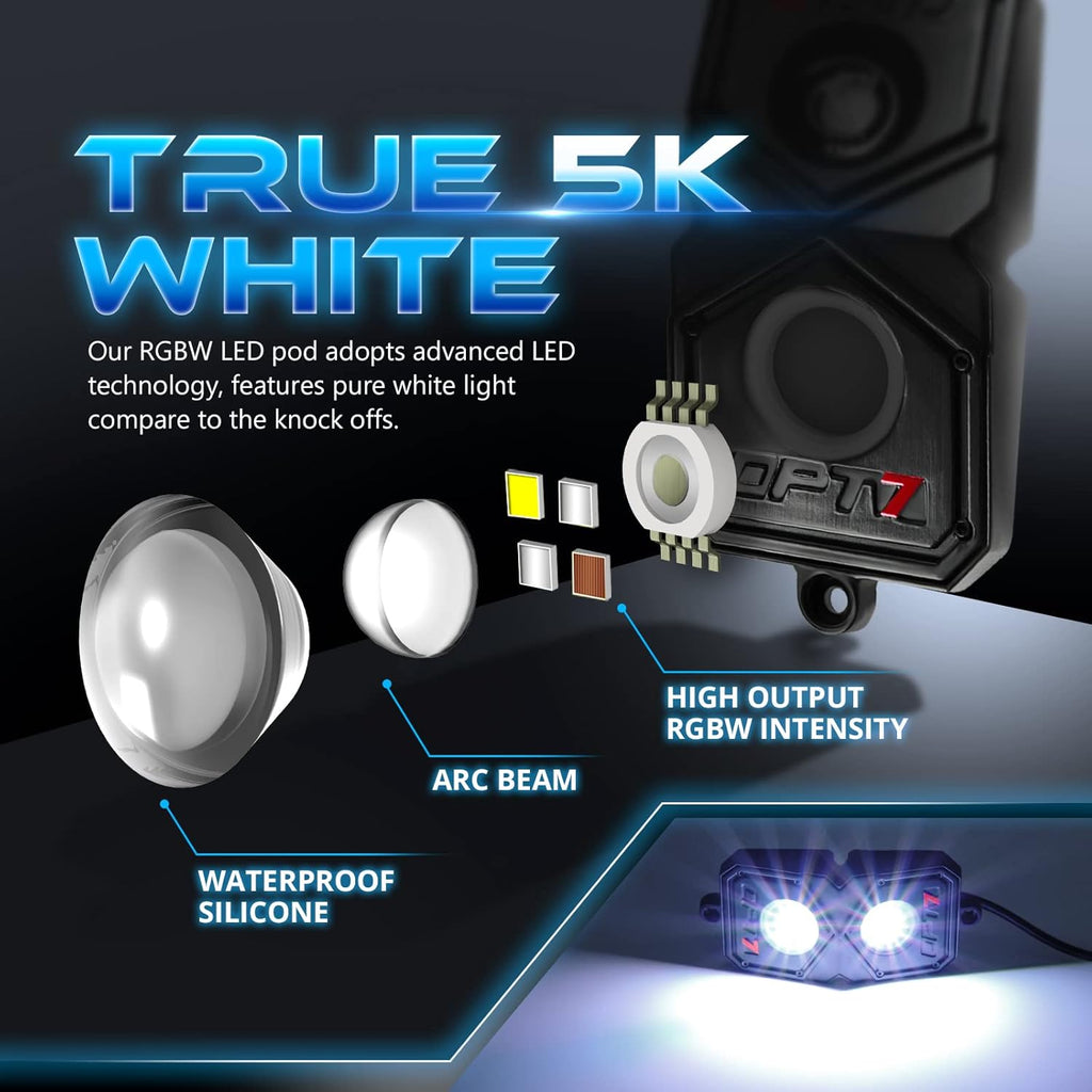 OPT7 Quantum RGBW LED Rock Lights with Remote Control, 4 Pods Wide Angle Multicolor Neon Underglow Lighting Kit with Extension Wire, IP68 Waterproof for Offroad Truck Jeep RZR ATV UTV SUV