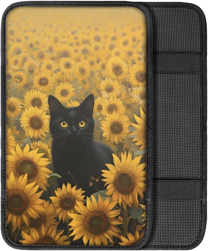 Cute Cat Car Center Console Cover Breathable Sunflower Car Armrest Cover Cushion Non Slip Middle Black Console Protector Mat Cute Cat Auto Interior Accessories Decor