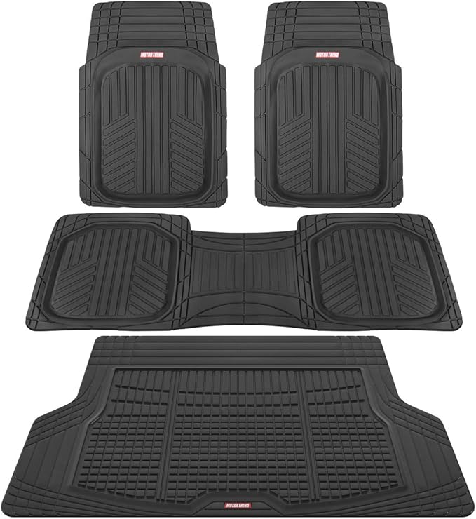 Motor Trend FlexTough Black Floor Mats for Cars & Cargo Mat Full Set - All Weather Front & Rear Rubber Automotive Floor Mats & Cargo Liner for SUV, Car, & Van - Interior Trunk Mat & Floors Cover