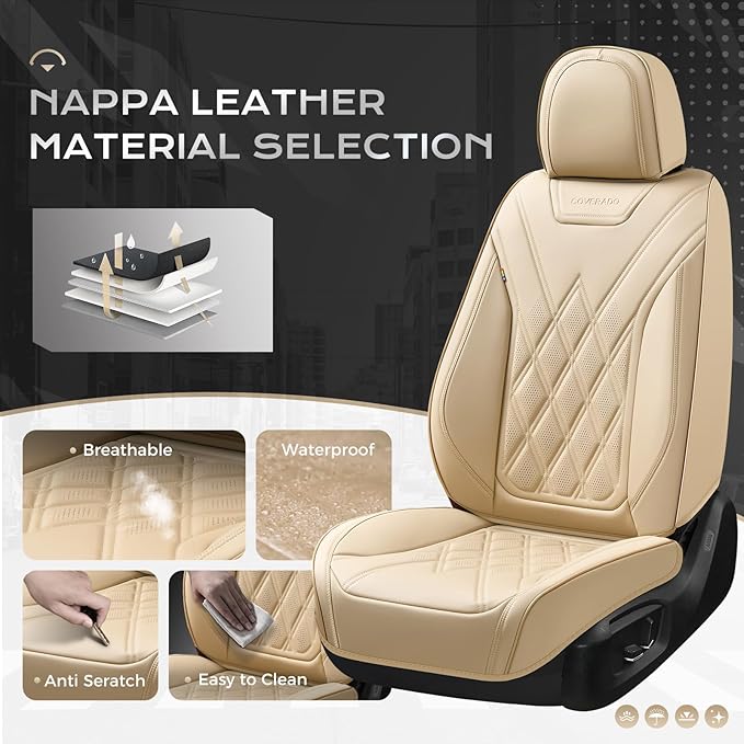 Coverado Car Seat Covers, Front Covers for Cars, Car Seat Cover Front Seats, Automotive Seat Cover, Waterproof, Leather Car Seat Cushion, Universal Interior Seat Protectors for Most Cars Beige