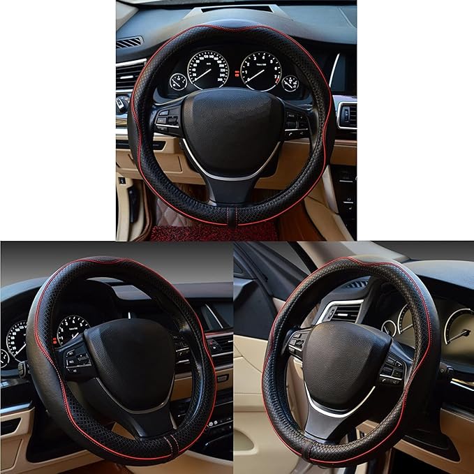 ESEWALAS Universal Car Steering Wheel Cover,Anti-Slip Leather Steering Wheel Cover,Sports Style Steering Wheel Protector,Car Interior Accessories Auto Steering Wheel Covers (Black with Red)