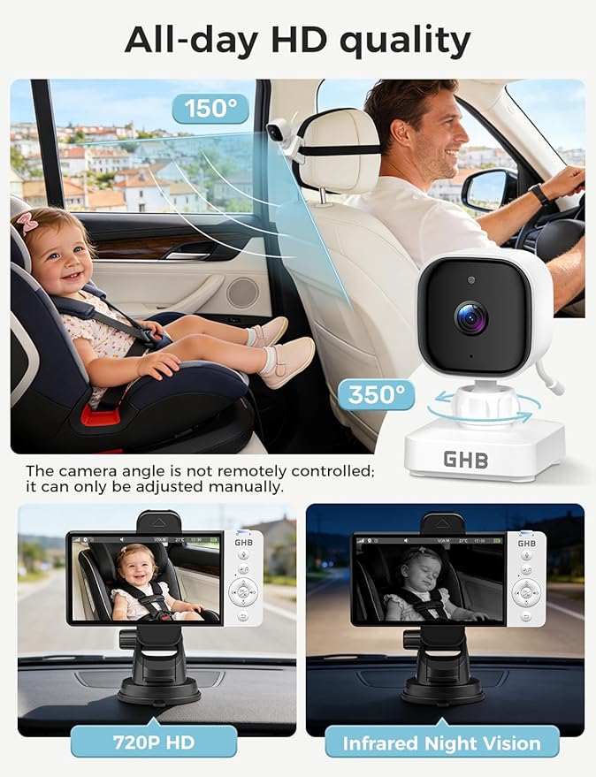 GHB Wireless Baby Car Camera 5" HD, 3500mAh Baby Monitor 2000mAh Camera Non WiFi, Temperature Alert, 720P Night Vision VOX Mode, 360° Rotatable Rear Facing Monitor Baby Essentials Gifts for Home Pets