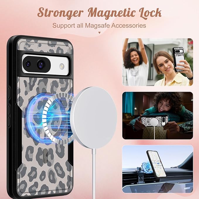 for Google Pixel 8A Case 6.1 Inch - Compatible with MagSafe Women Girls Cute Magnetic Protective Cover Cool Fun Unique Leopard Heavy Duty Shockproof Design for Google Pixel 8A Phone Cases